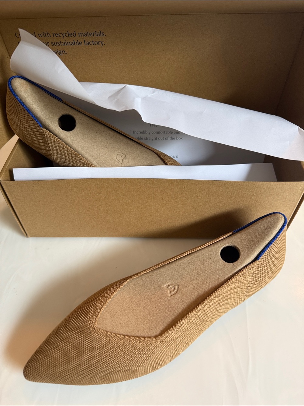 Rothy’s - The Point II - Wren color - Pointed Toe Tan Ballet Flat with Blue Trim